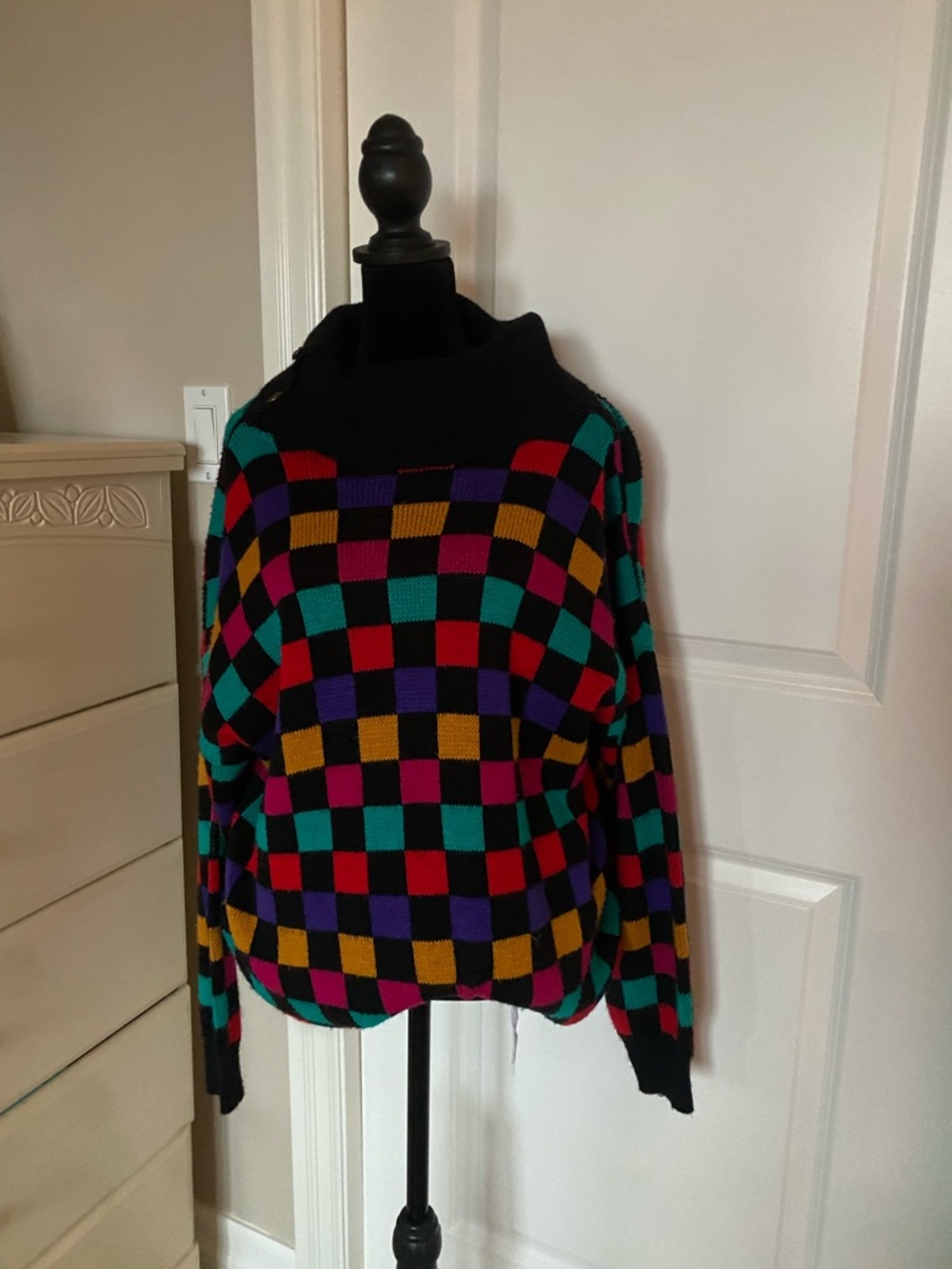 80s Vintage Colorful Checkered Women's Sweater | Size L